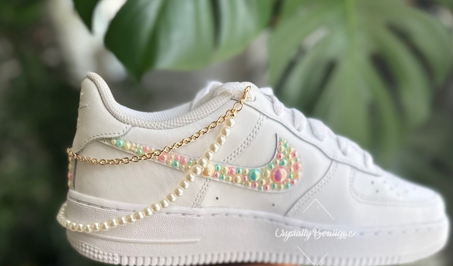 Pearl Adult Nike Air Force Ones Custom pearl Ticks with Chain option sizes 3 - 11 UK