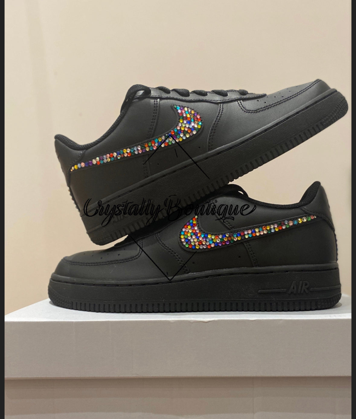 Adult Rainbow Bling Swaroski & Rhinestone Customised Nike Air Force Ones Bkack sizes 3 - 11 UK Brand New! Rainbow Unicorn Bling (Copy)