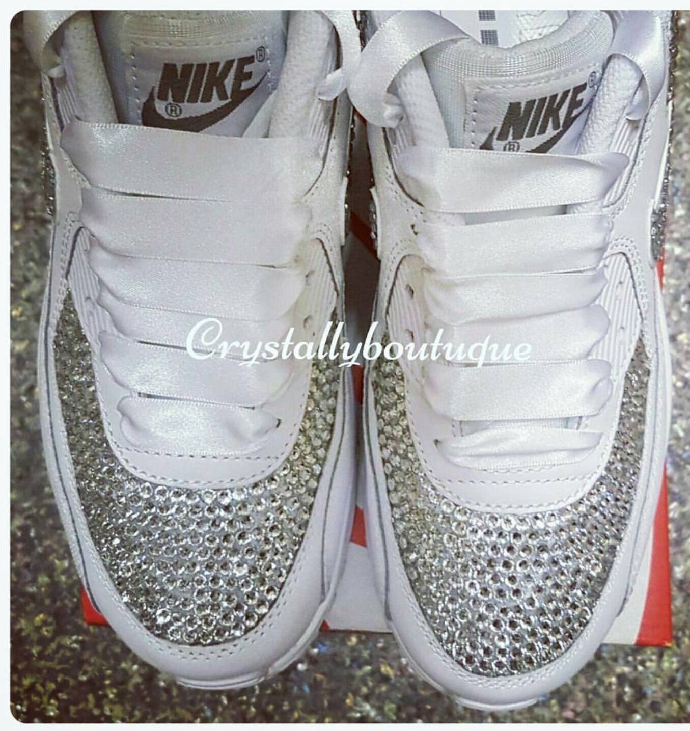 Junior Swarovski & Rhinestone Nike Air Max 90 Customised Bling White size 3 4 5 5.5 UK