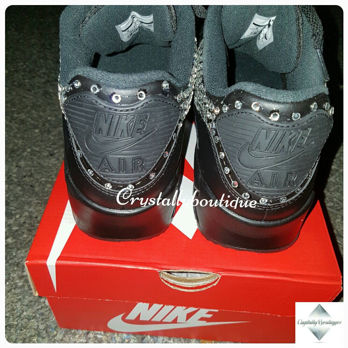 Junior Swaroski & Rhinestone Nike Air Max 90 Customised Bling Black size 3 4 5 5.5 UK