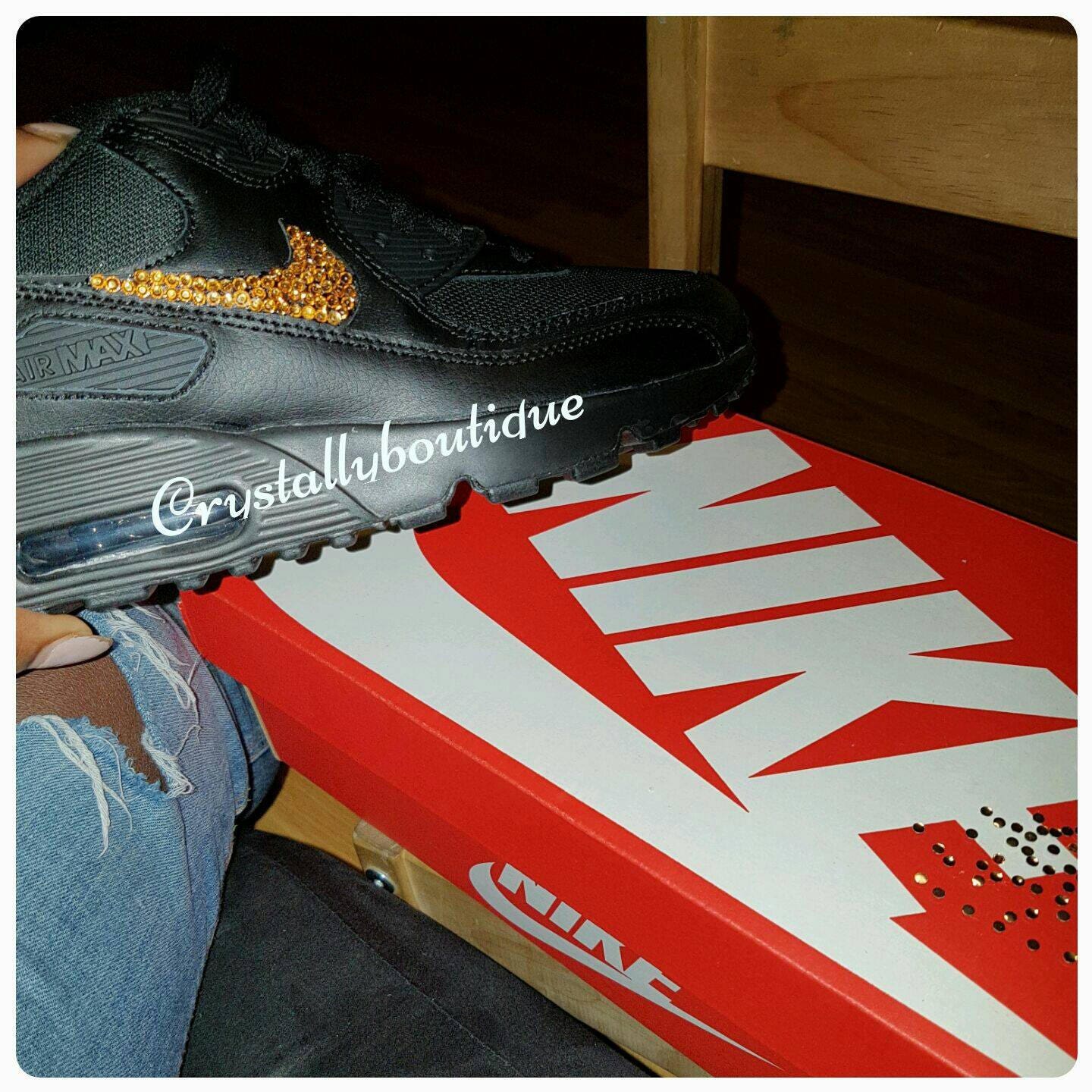 Adult Customised Black Bling Nike Air Max 90 Orange Sparkle Crystals sizes 5 to 11 UK