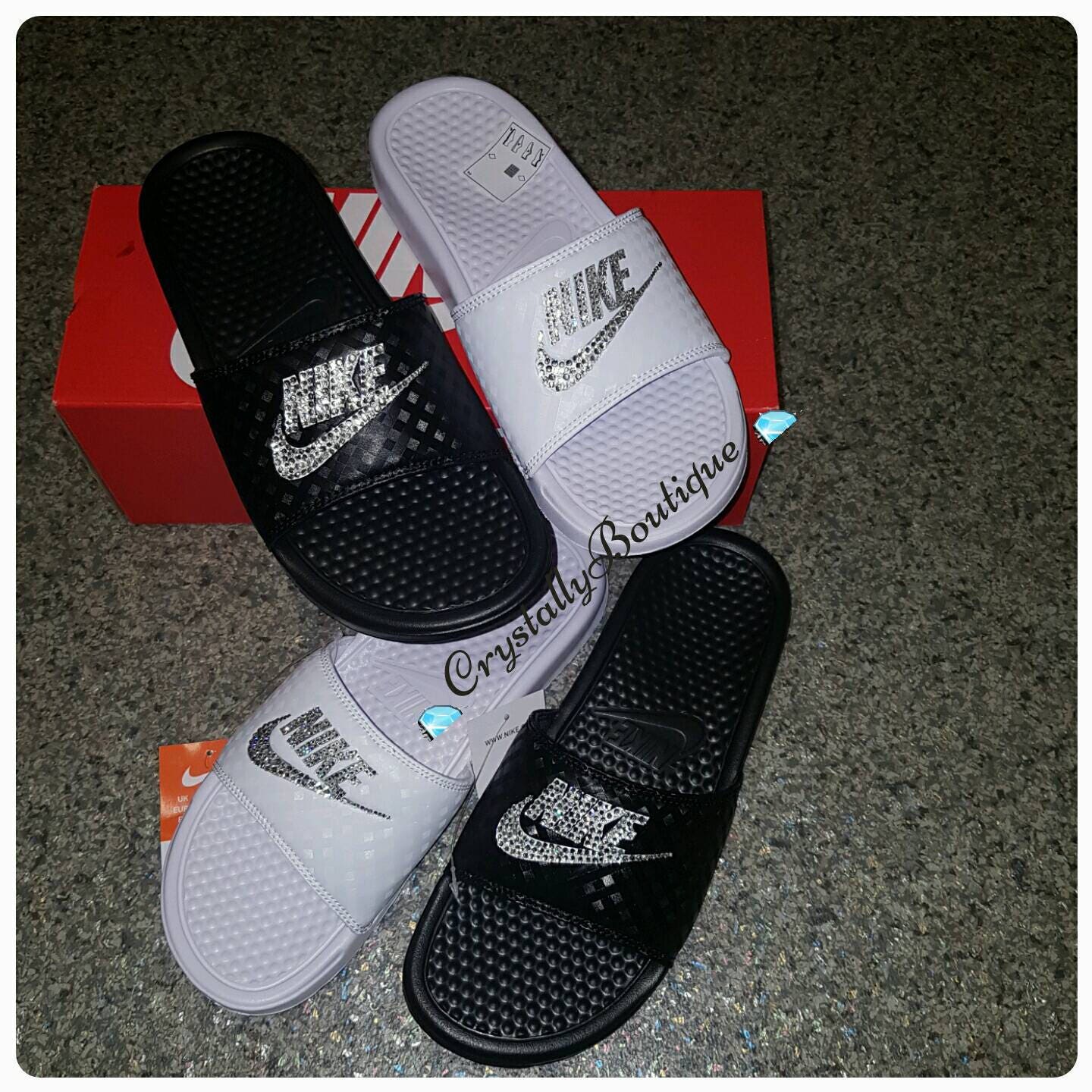 Black Customised Nike Benassi Slides Sandle Shoes with Clear Crystals 3.5 - 9.5 UK