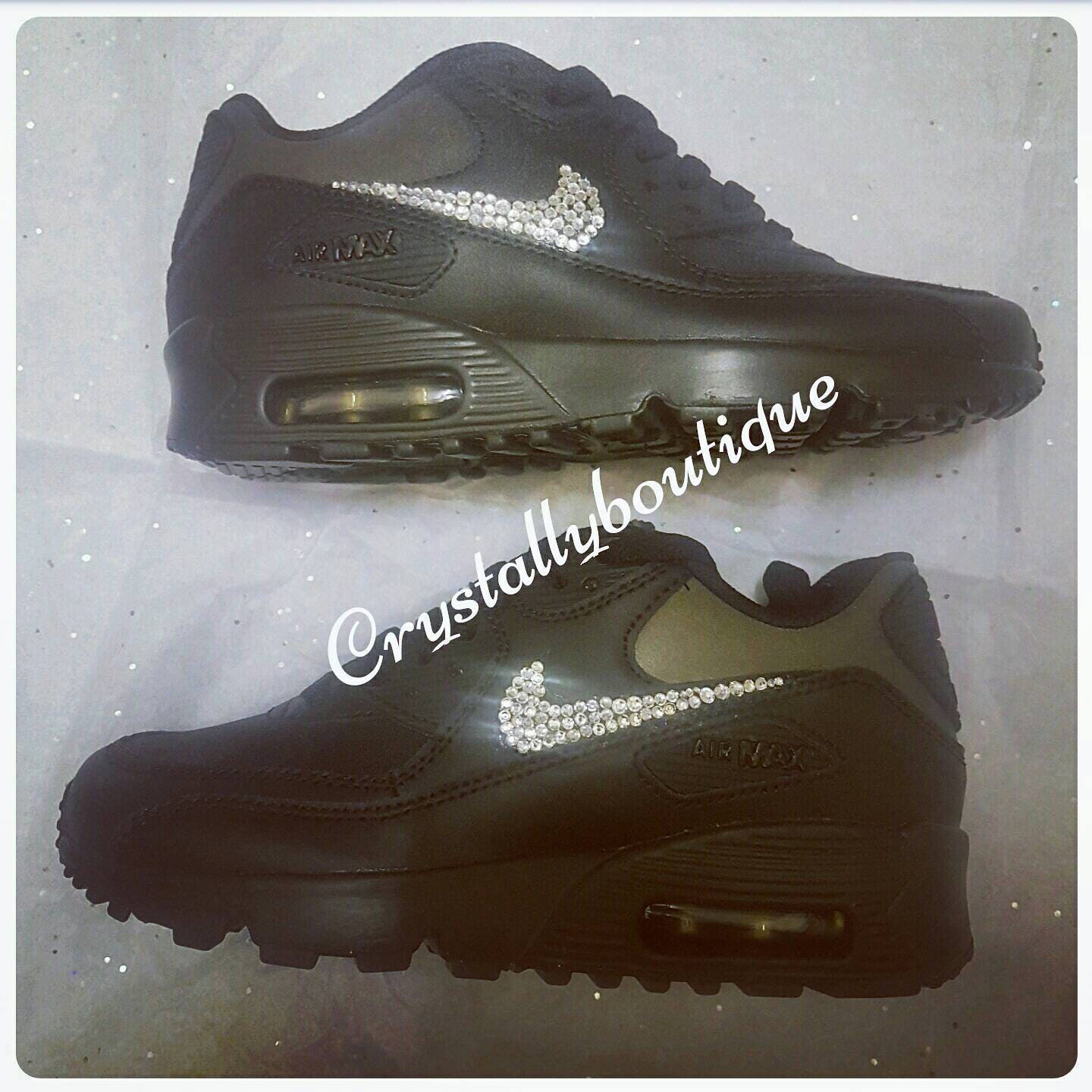Junior Customised Black Bling Nike Air Max 90 Clear Sparkle Crystals size 3 4 5 5.5 UK