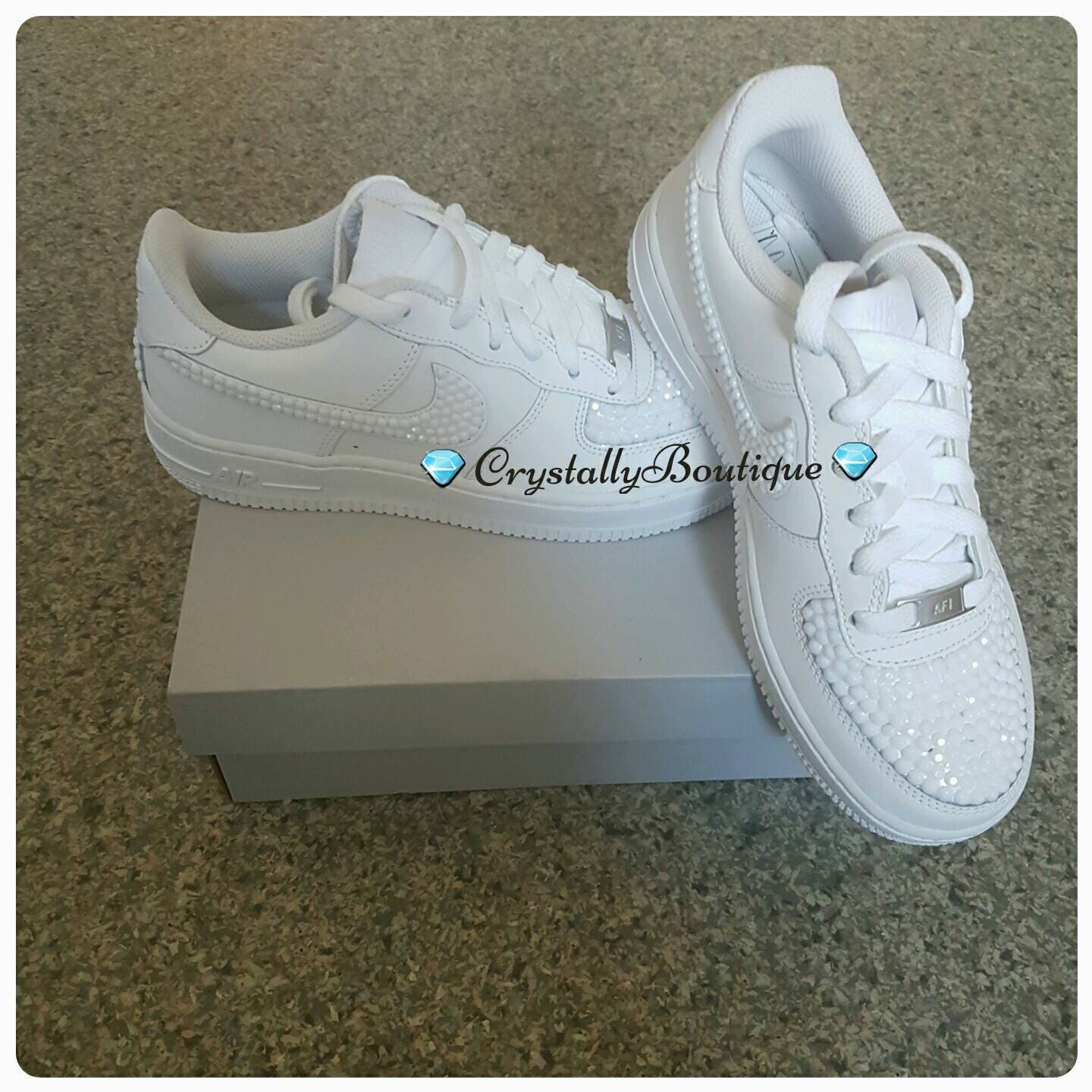 Adult Nike Air Force Ones White customised with White Rhinestone Crystals sizes 3 - 10 UK