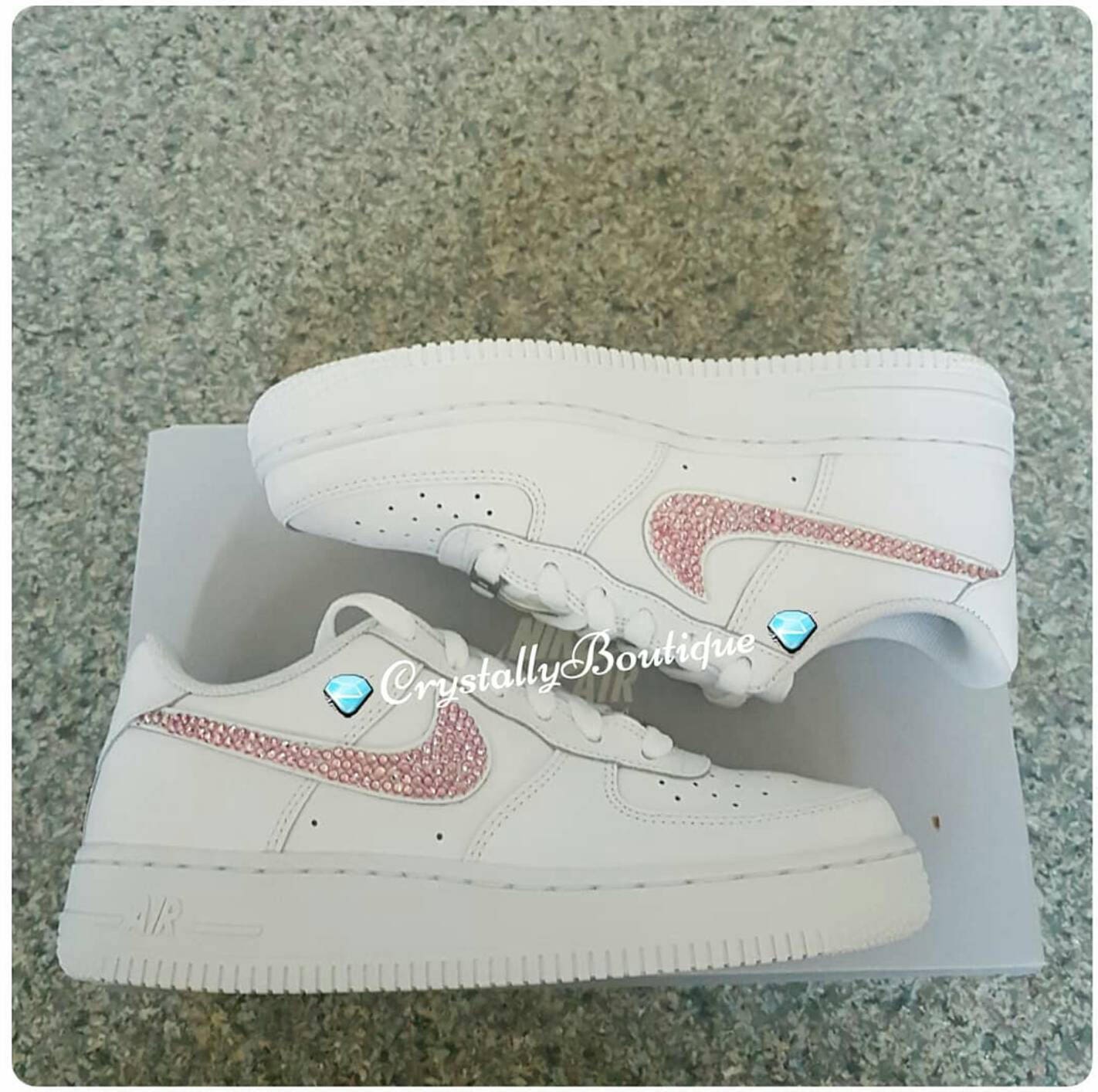 Junior Nike Air Force Ones White customised with Pink Swarovski & Rhinestone Crystals size 3-5.5uk Brand New!