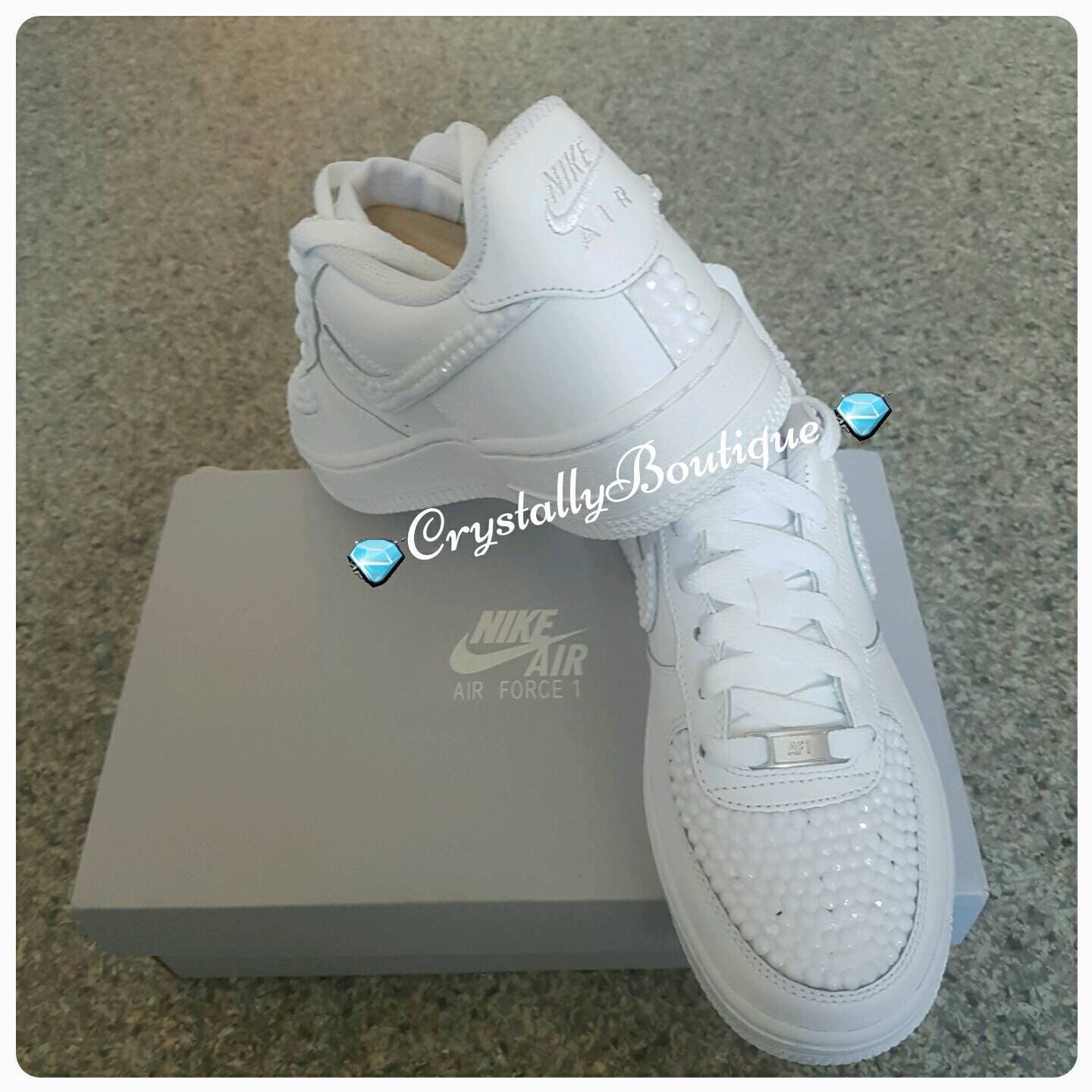 Junior Nike Air Force Ones White customised with White Rhinestone Crystals size 3 4 5 5.5 UK Brand New!