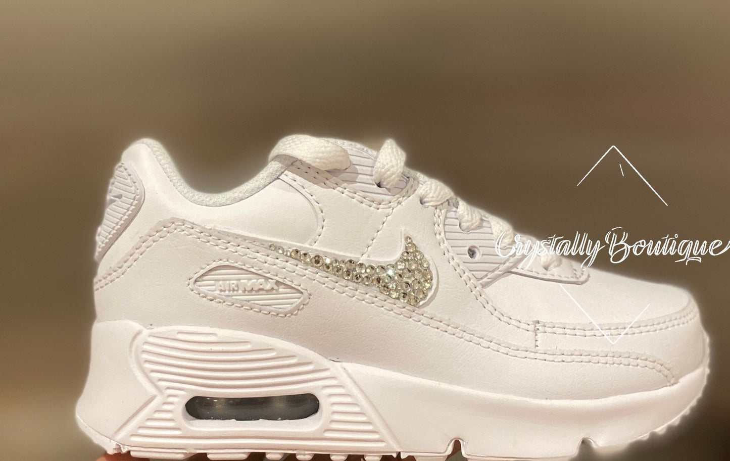 Junior Customised Tick w/ Swarovski & Rhinestone Nike Air Max 90 White size 3 4 5 5.5 UK Brand New!