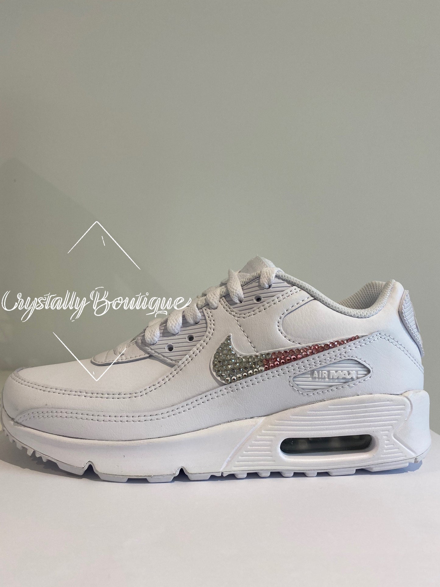 Junior Two Tone Pink Customised Tick w/ Swarovski & Rhinestone Nike Air Max 90 White size 3 4 5 5.5 UK Brand New!
