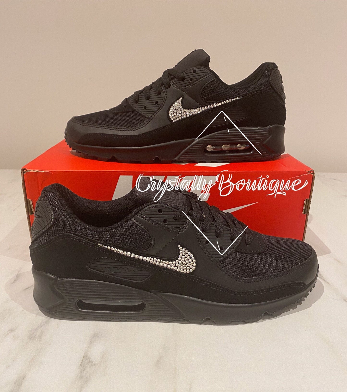 Adult Customised Black Bling Nike Air Max 90 Black Sparkle Crystals size 6 7 8 9 10 11 UK