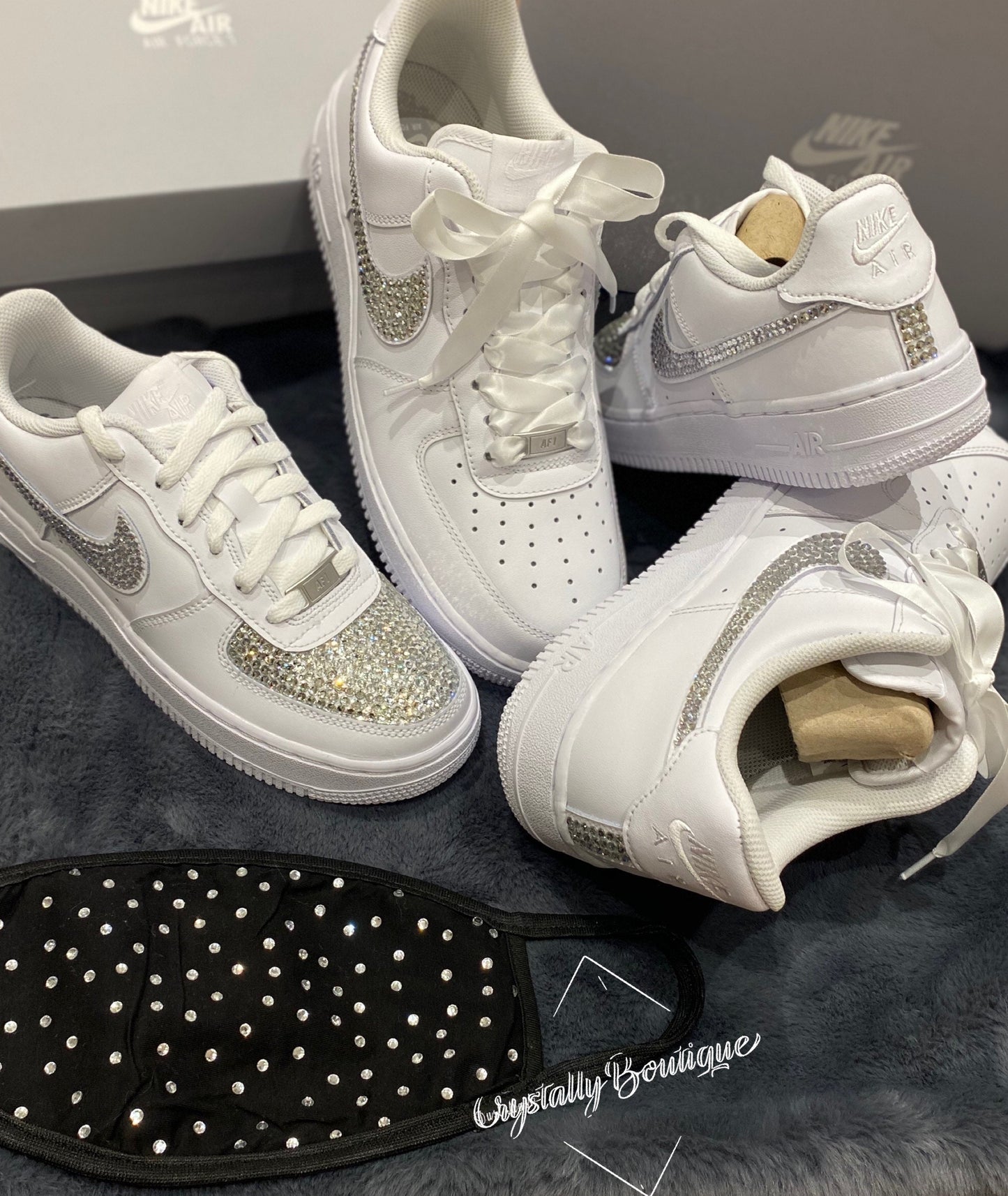 Bling Swaroski & Rhinestone Customised Nike Air Force Ones White size junior 3-5.5uk Brand New!