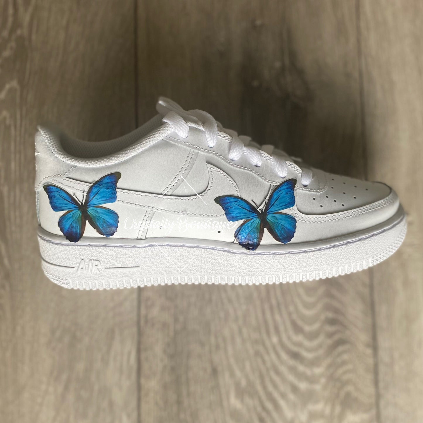 Junior Customised Blue Butterflies Nike Air Force Ones White size 3-5.5 UK Brand New!