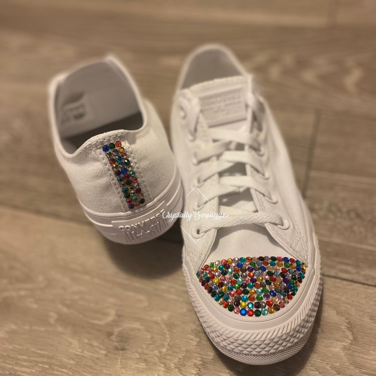 Customised White Converse Lo with Rainbow Crystals Junior/Adult 2 3 4 5 6 7 8 9 10 11 UK