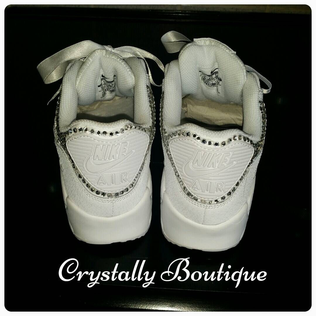 Junior Customised Swarovski & Rhinestone Nike Air Max 90 White size 3 4 5 5.5 UK Brand New!