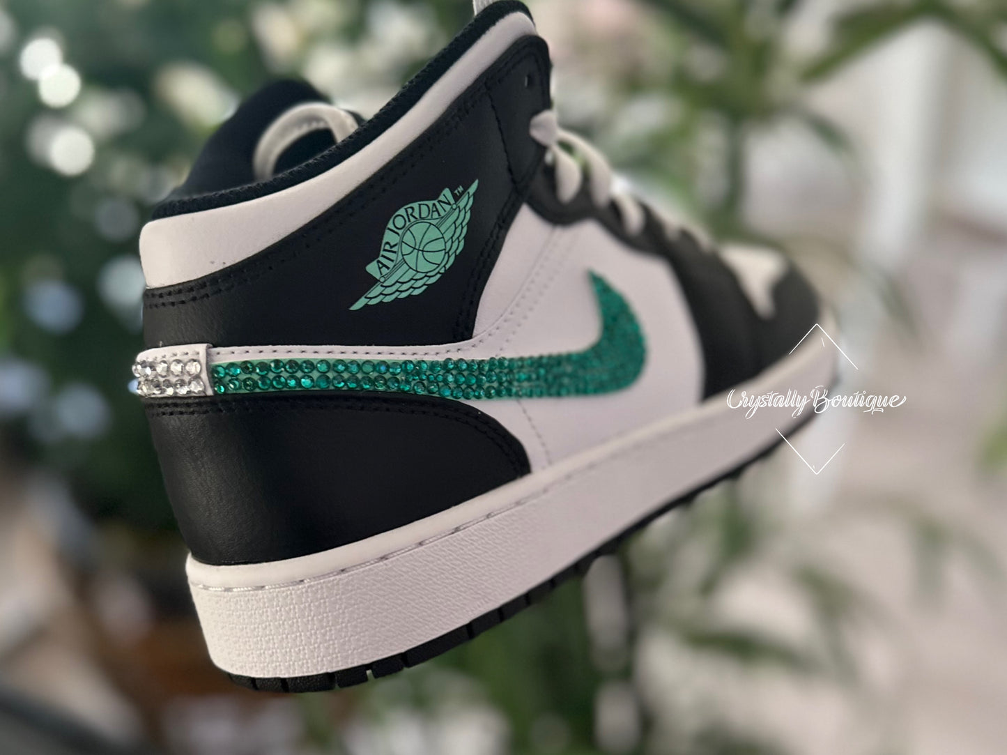 Adult Nike Air Jordan 1 Mid custom Bling Green and Clear Crystals Black and White Leather Sizes 5 - 11 UK