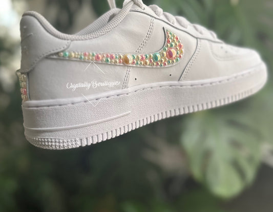 Pearl Adult Nike Air Force Ones Custom pearl Ticks with Chain option sizes 3 - 11 UK