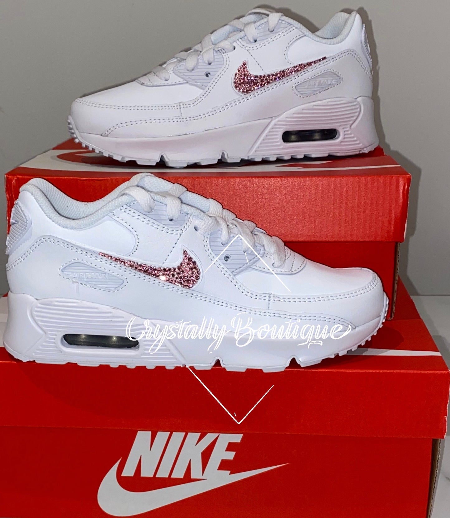 White Adult Bling Nike Air max 90 Customised Tick with Pink Crystal size 3-11 UK Brand New!