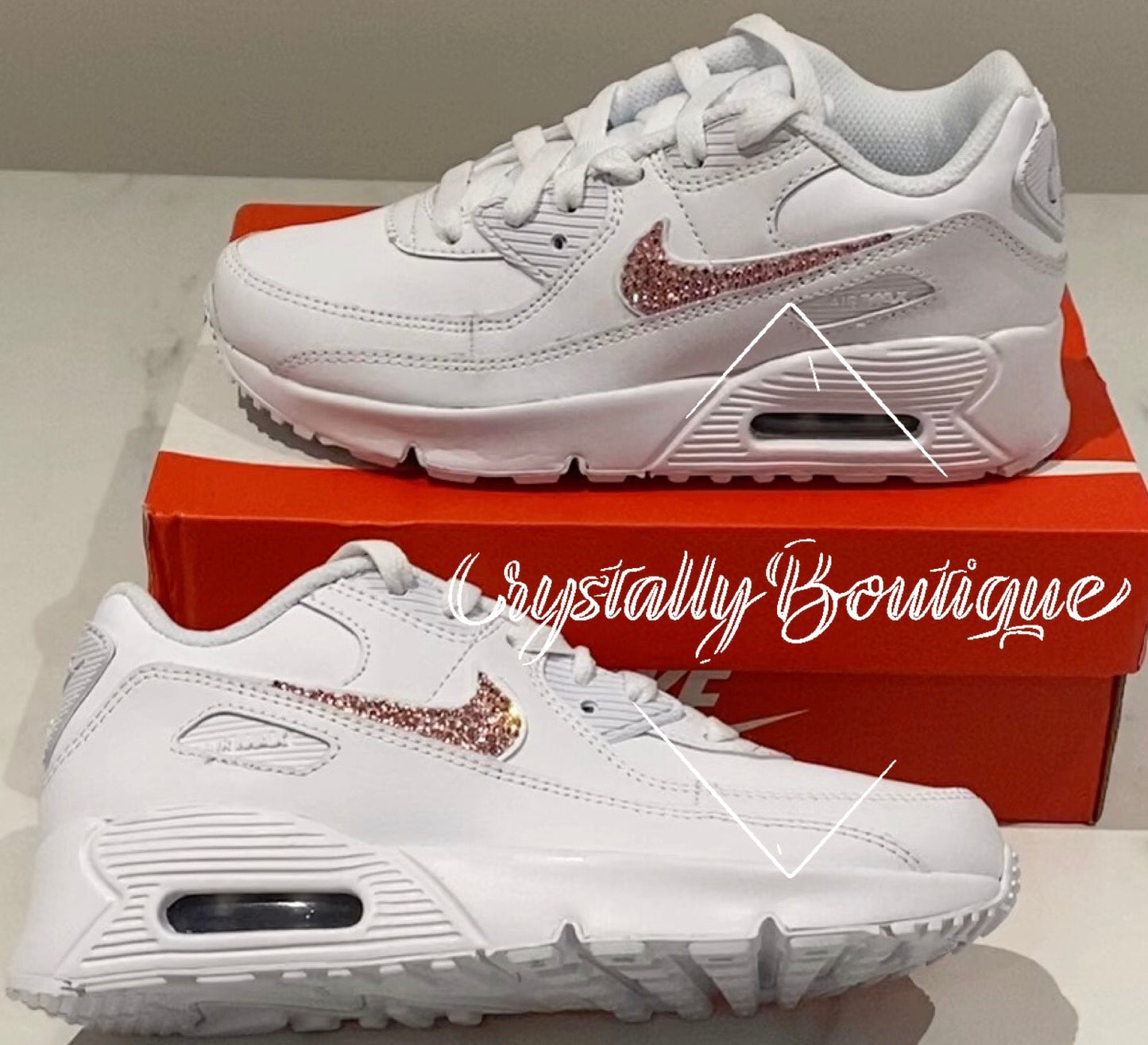 White Adult Bling Nike Air max 90 Customised Tick with Pink Crystal size 3-11 UK Brand New!