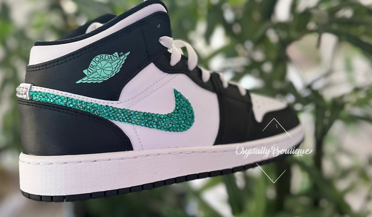 Adult Nike Air Jordan 1 Mid custom Bling Green and Clear Crystals Black and White Leather Sizes 5 - 11 UK