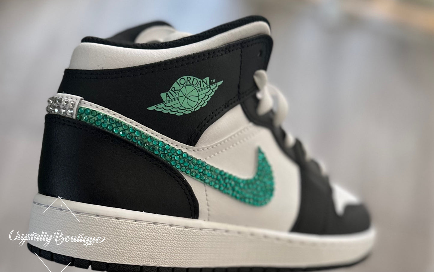 Adult Nike Air Jordan 1 Mid custom Bling Green and Clear Crystals Black and White Leather Sizes 5 - 11 UK