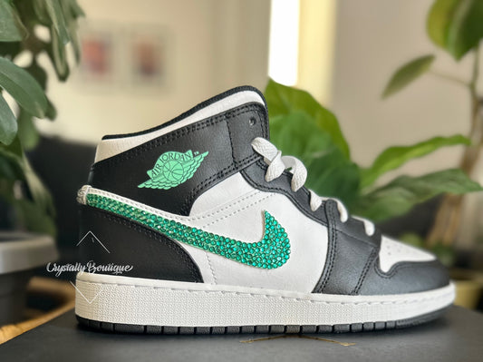 Junior Nike Air Jordan 1 Mid custom Bling Green and Clear Crystals Black and White Leather Sizes 3 4 5 5.5 UK