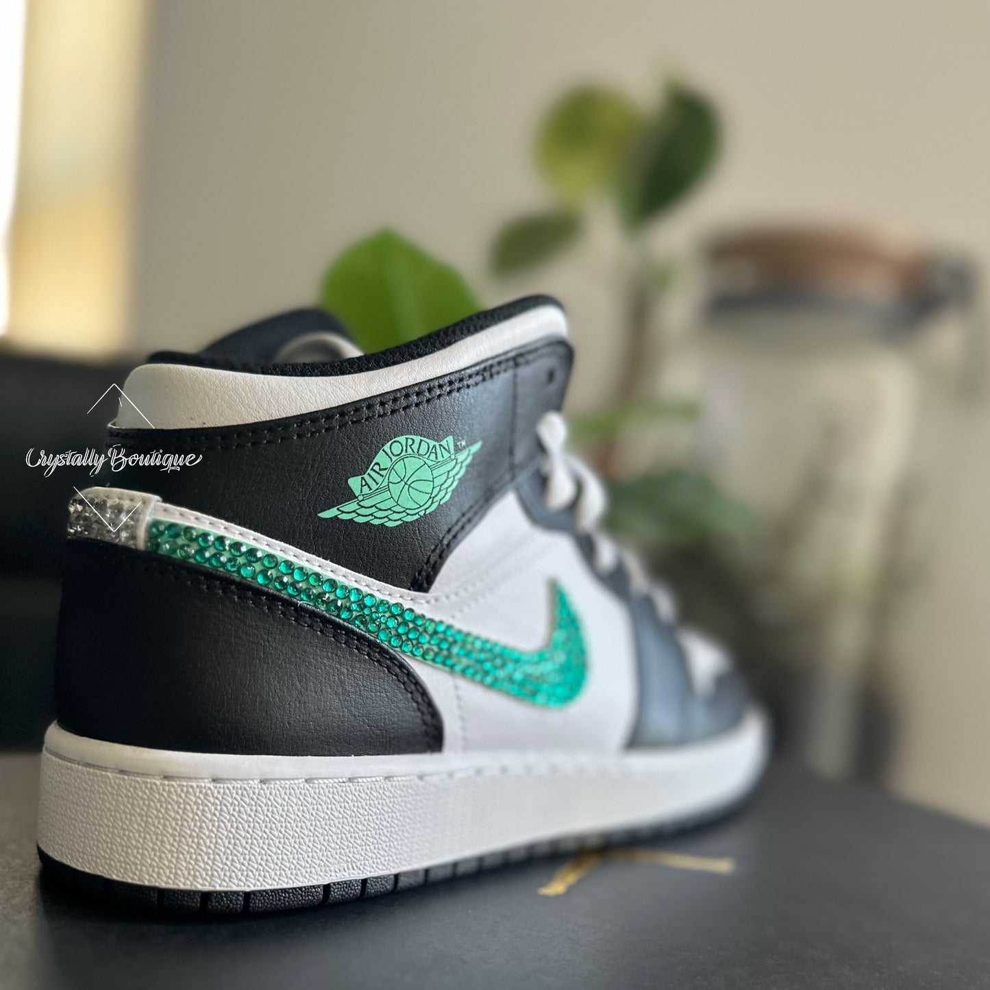 Junior Nike Air Jordan 1 Mid custom Bling Green and Clear Crystals Black and White Leather Sizes 3 4 5 5.5 UK