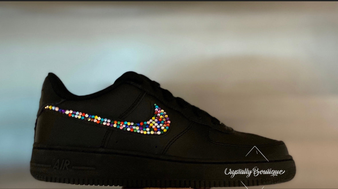 Adult Rainbow Bling Swaroski & Rhinestone Customised Nike Air Force Ones Bkack sizes 3 - 11 UK Brand New! Rainbow Unicorn Bling (Copy)