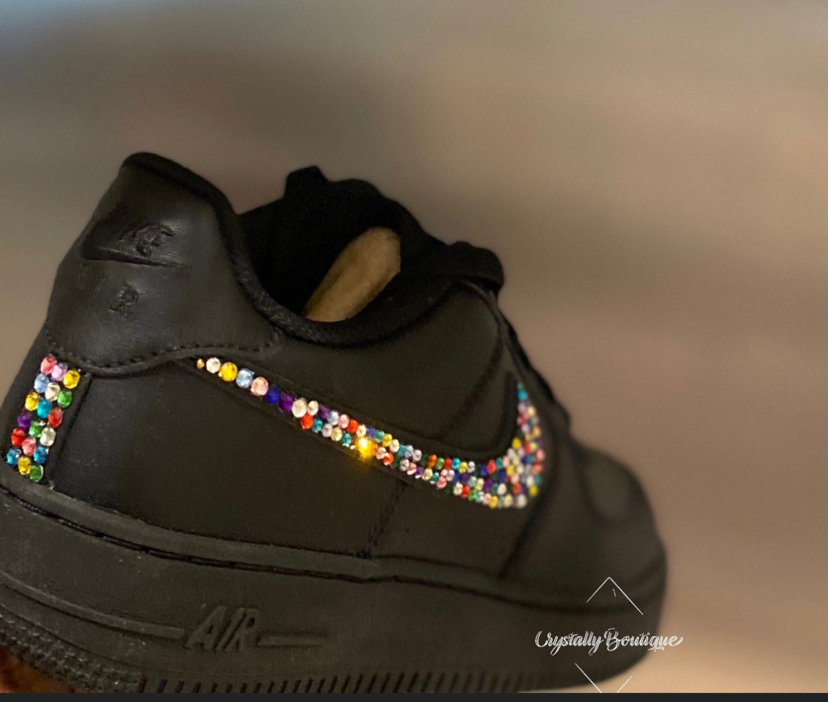 Adult Rainbow Bling Swaroski & Rhinestone Customised Nike Air Force Ones Bkack sizes 3 - 11 UK Brand New! Rainbow Unicorn Bling (Copy)