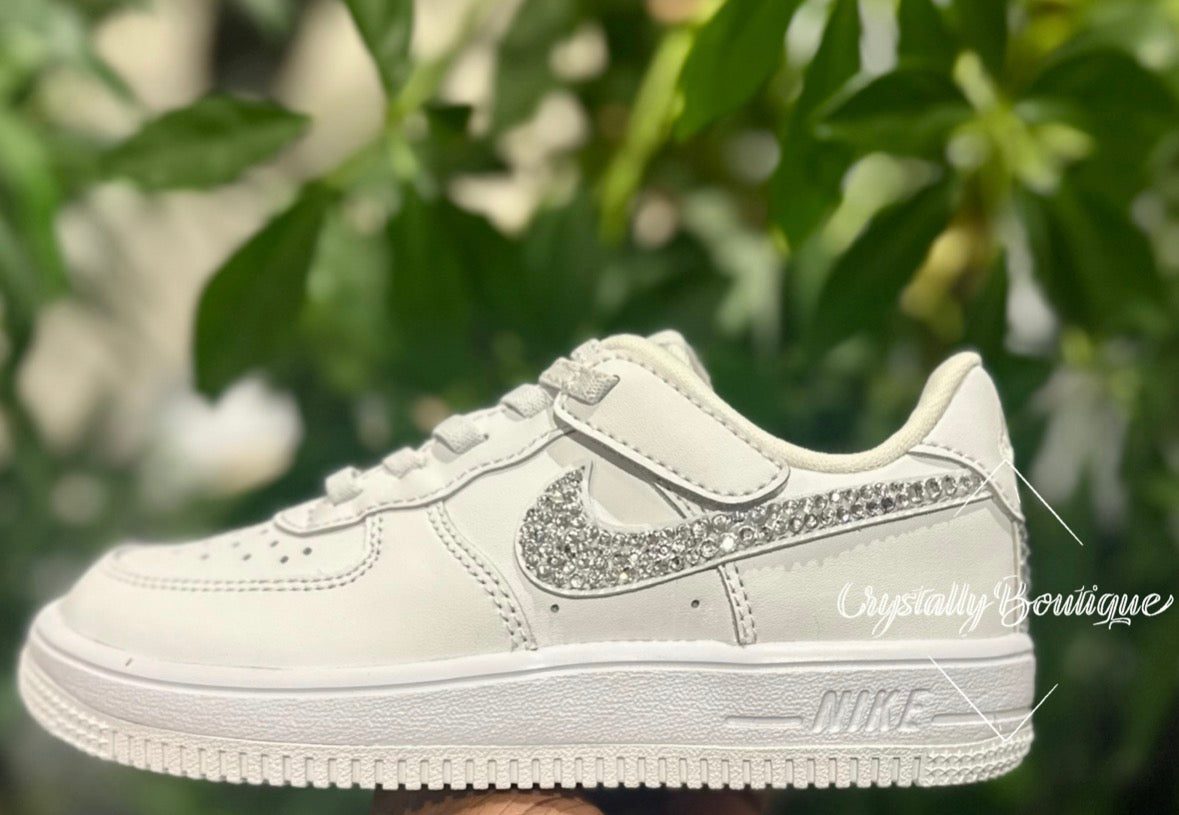 Youth Kids Swarovski & Rhinestone Customised Nike Airforce Ones White size 10 11 12 1 2 UK Brand New!
