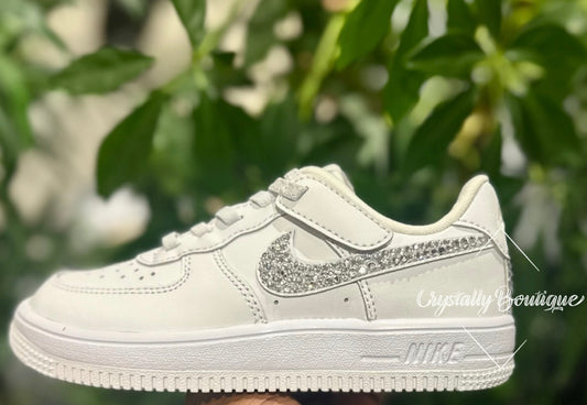 Youth Kids Swarovski & Rhinestone Customised Nike Airforce Ones White size 10 11 12 1 2 UK Brand New!