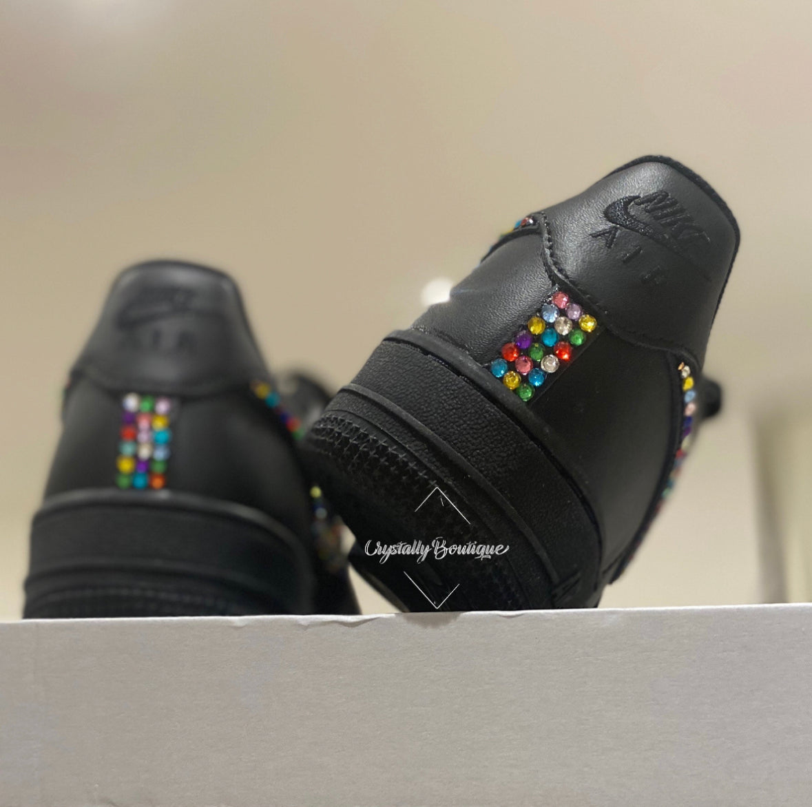 Adult Rainbow Bling Swaroski & Rhinestone Customised Nike Air Force Ones Bkack sizes 3 - 11 UK Brand New! Rainbow Unicorn Bling (Copy)