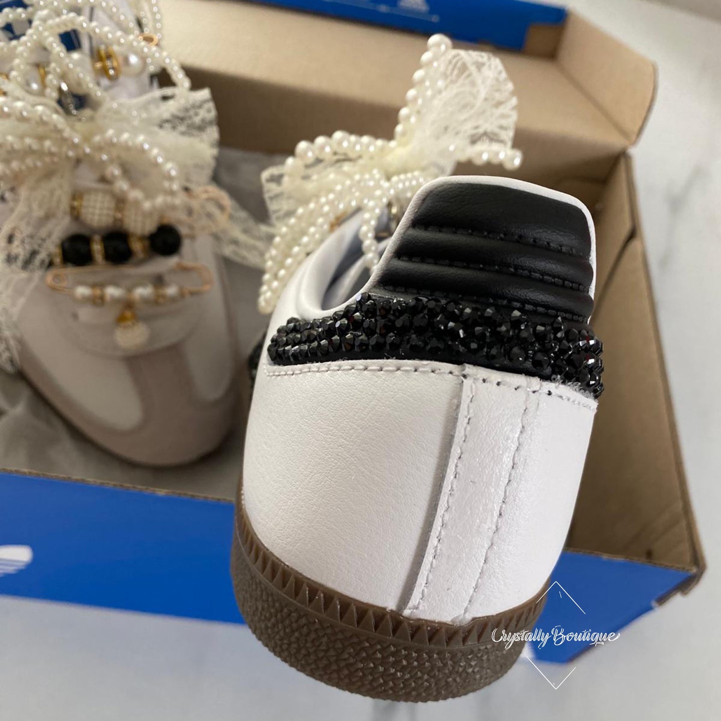 Custom Adidas Samba Gold Junkyard Love Lace Pearl Black Crystal size 3UK - 12UK