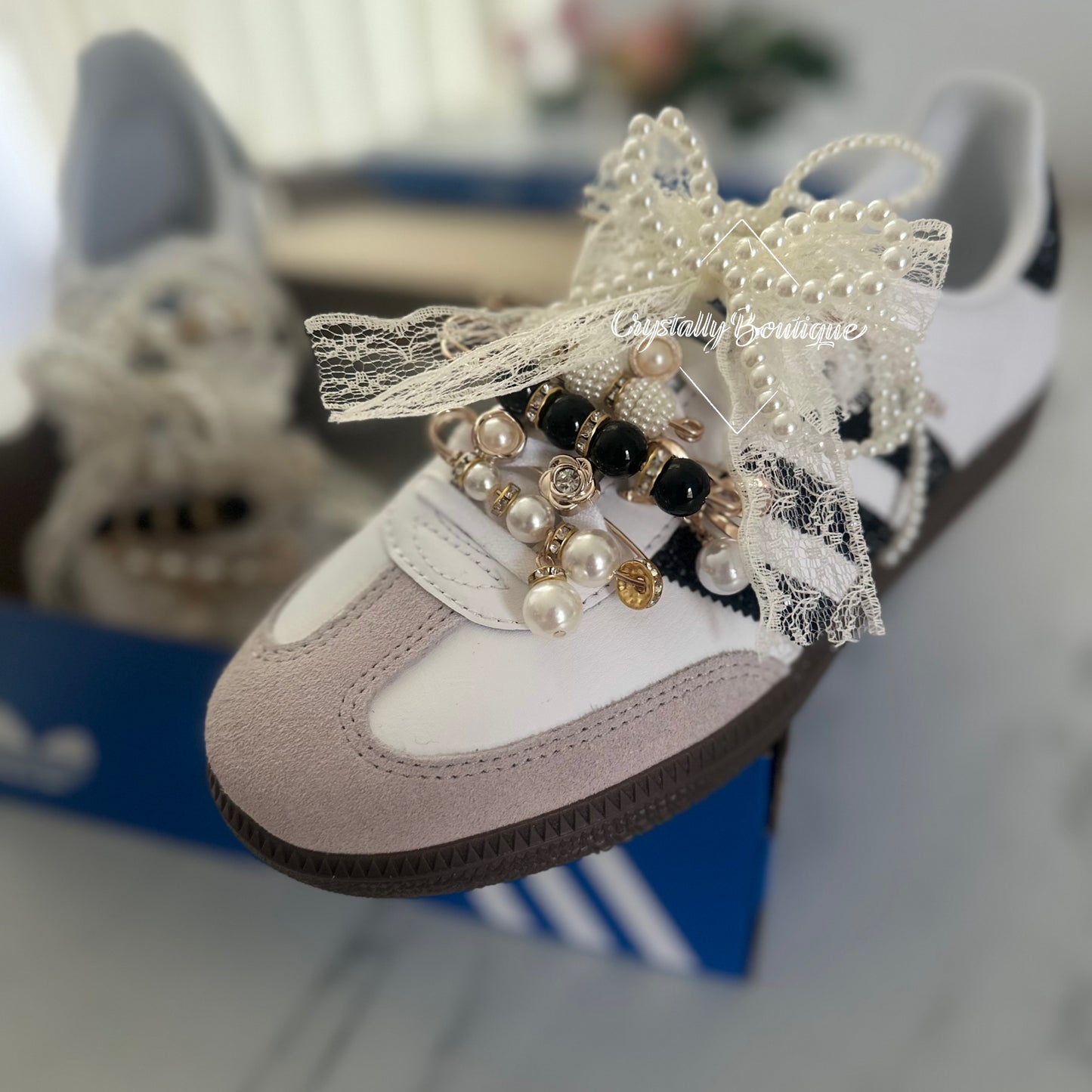 Custom Adidas Samba Gold Junkyard Love Lace Pearl Black Crystal size 3UK - 12UK