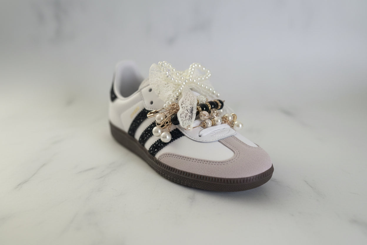 Custom Adidas Samba Gold Junkyard Love Lace Pearl Black Crystal size 3UK - 12UK