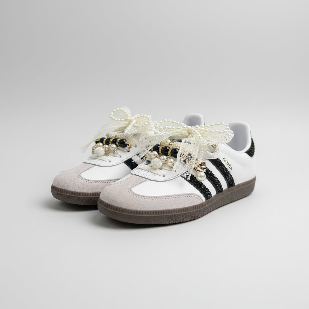 Custom Adidas Samba Gold Junkyard Love Lace Pearl Black Crystal size 3UK - 12UK