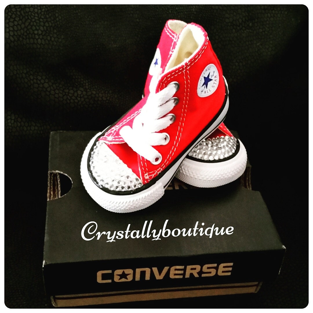 Youth Red Customised Converse Hi Swaroski & Rhinestone Crystals Bling size 11 12 13 1 2 UK