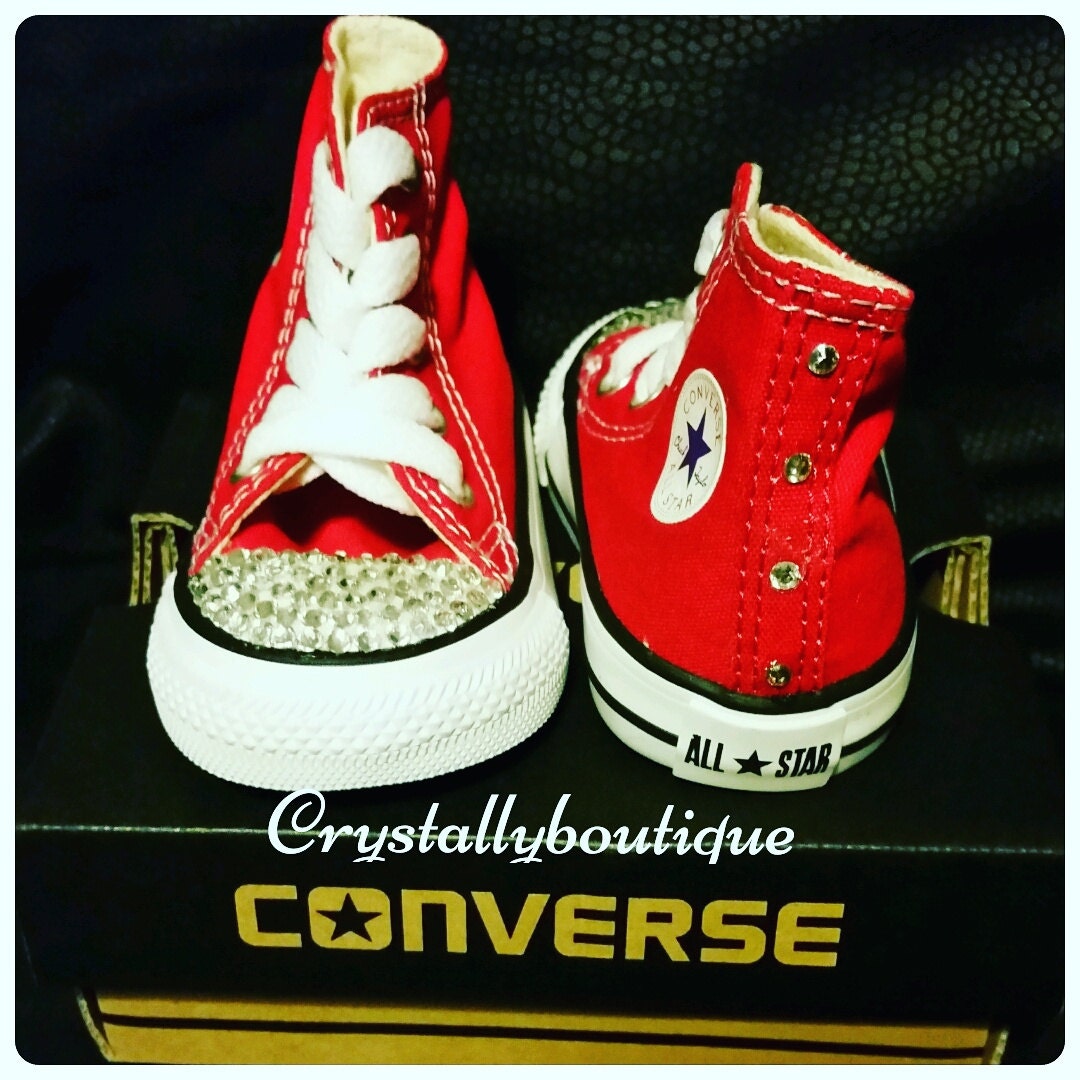 Youth Red Customised Converse Hi Swaroski & Rhinestone Crystals Bling size 11 12 13 1 2 UK