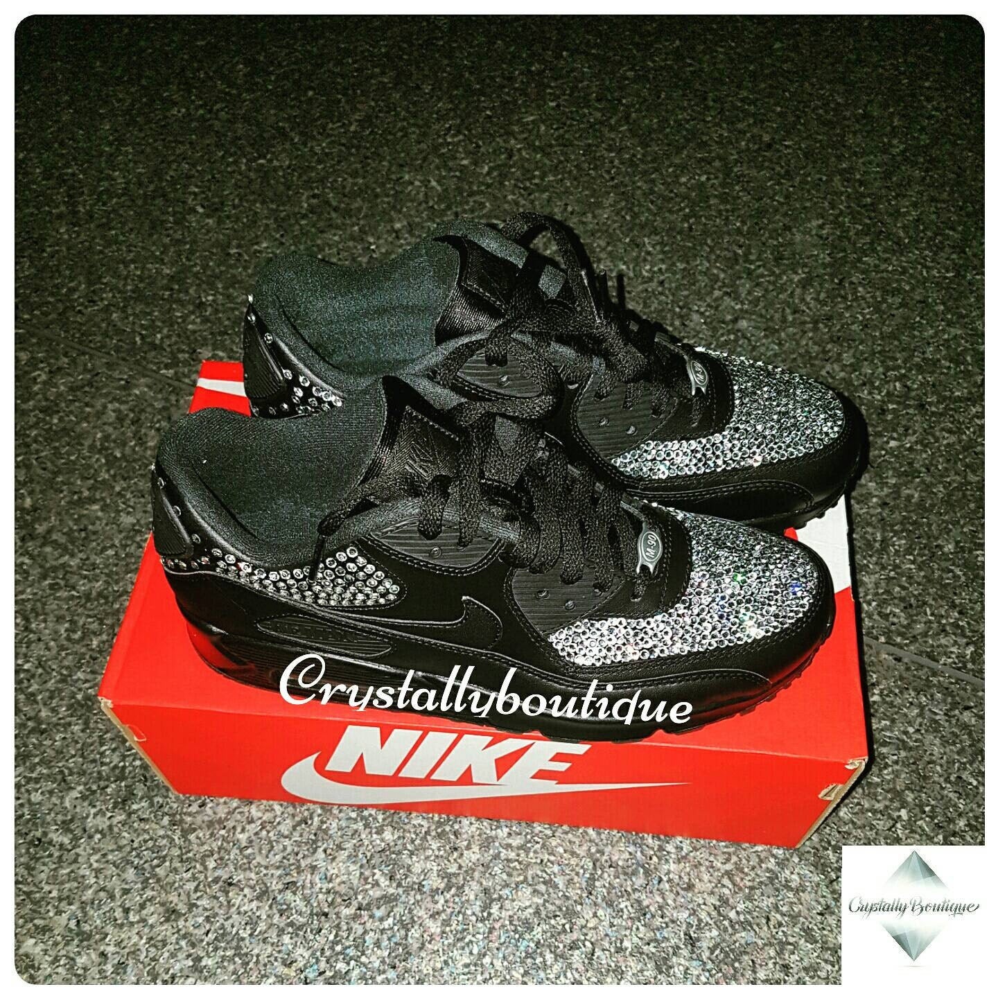 Junior Swaroski & Rhinestone Nike Air Max 90 Customised Bling Black size 3 4 5 5.5 UK