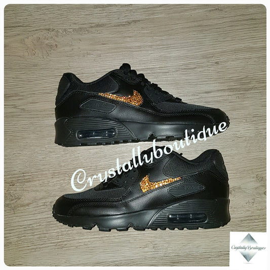 Adult Customised Black Bling Nike Air Max 90 Orange Sparkle Crystals sizes 5 to 11 UK