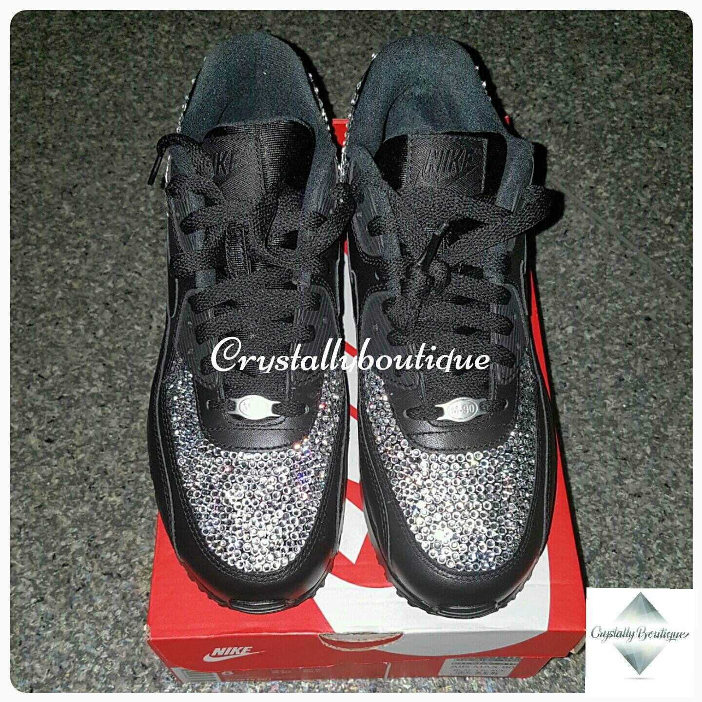 Adult Black Customised Air Max 90 Bling Rhinestone Crystals size 6 7 8 9 10 11 UK