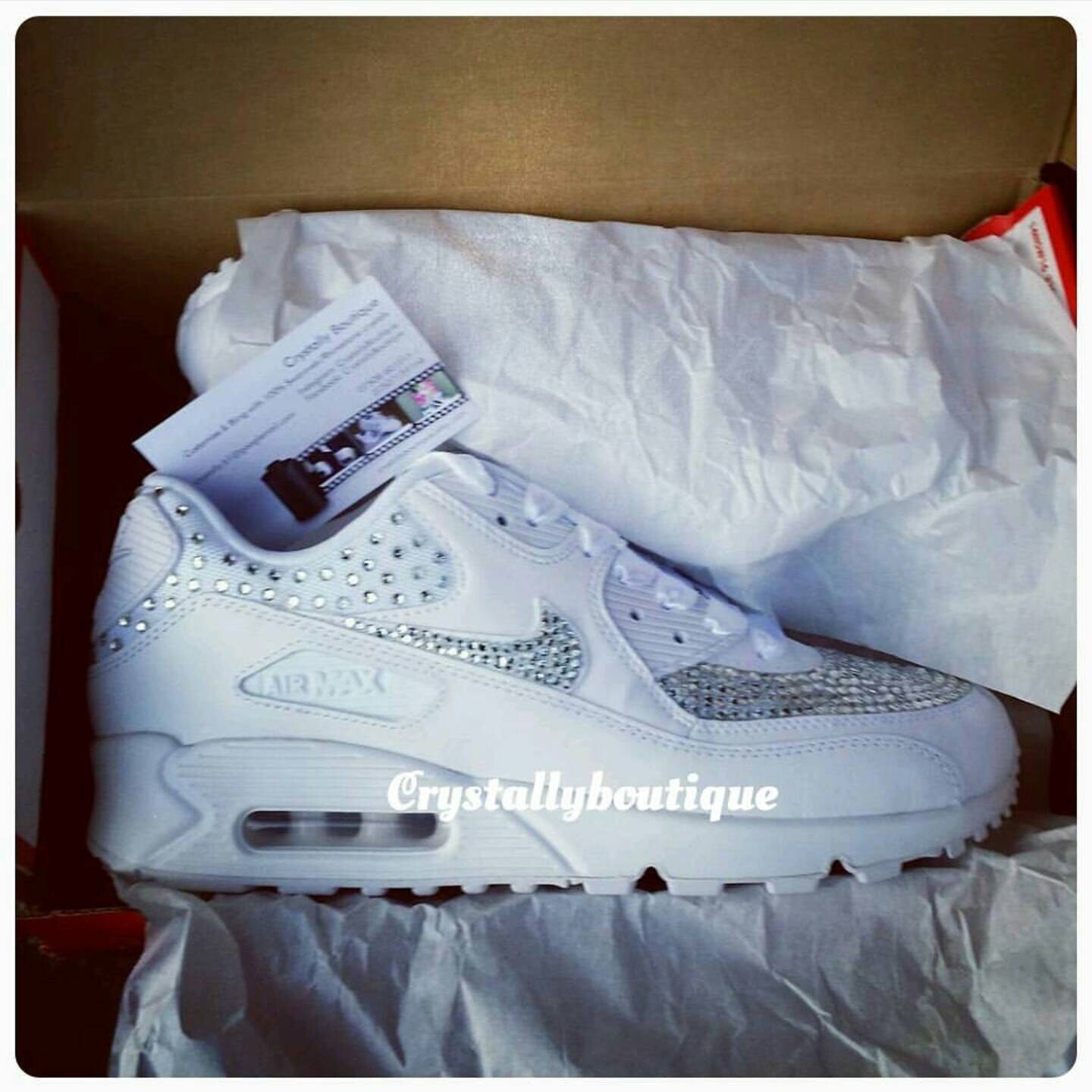 Adult White Customised Bling Nike Air Max 90 Clear Swarovski and Rhinestone Crystals Sizes 4 - 11 UK