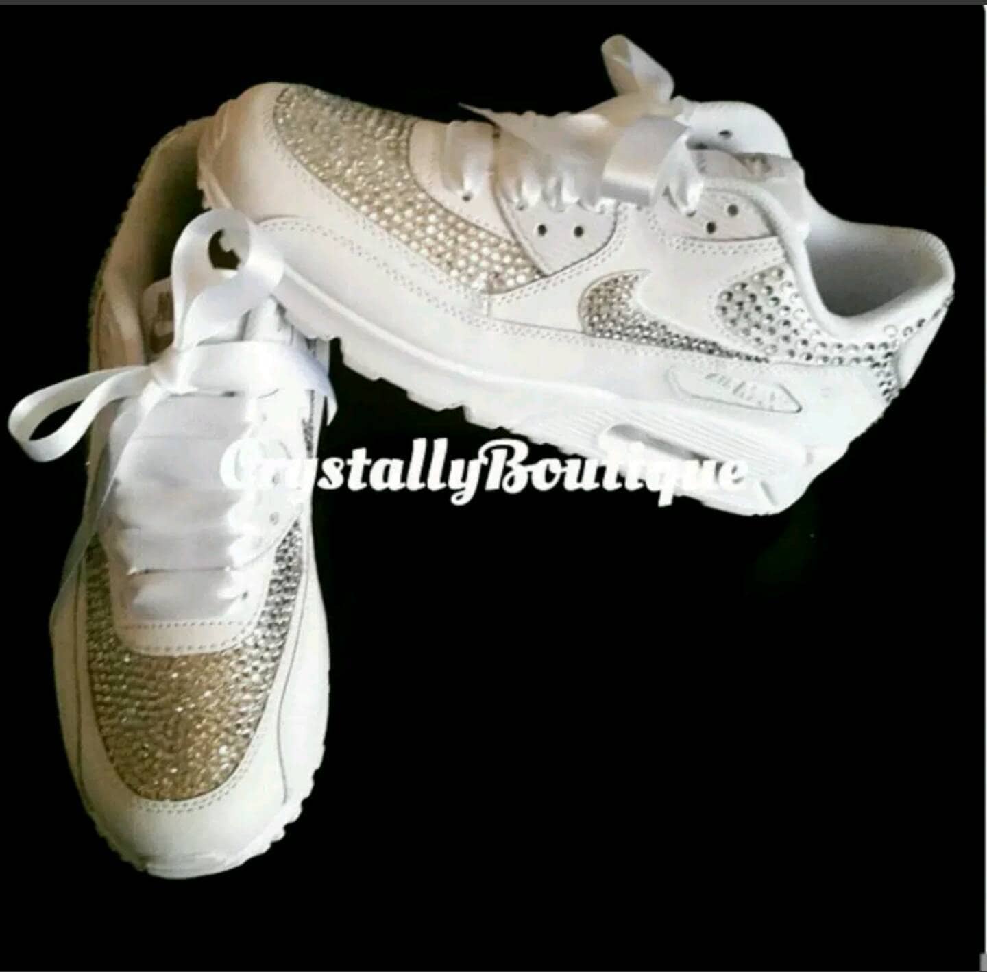 Adult White Customised Bling Nike Air Max 90 Clear Swarovski and Rhinestone Crystals Sizes 4 - 11 UK