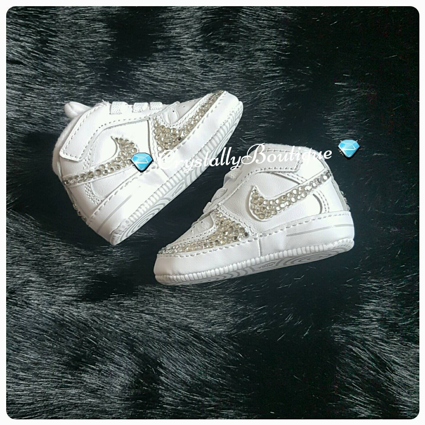 Customised Infant Baby Swarovski & Rhinestone Air Force 1 Bling White size 0.1 - 3.5 UK