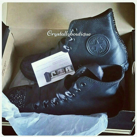 Customised Black Leather Converse with Black Crystals Junior/women's 2UK-9UK