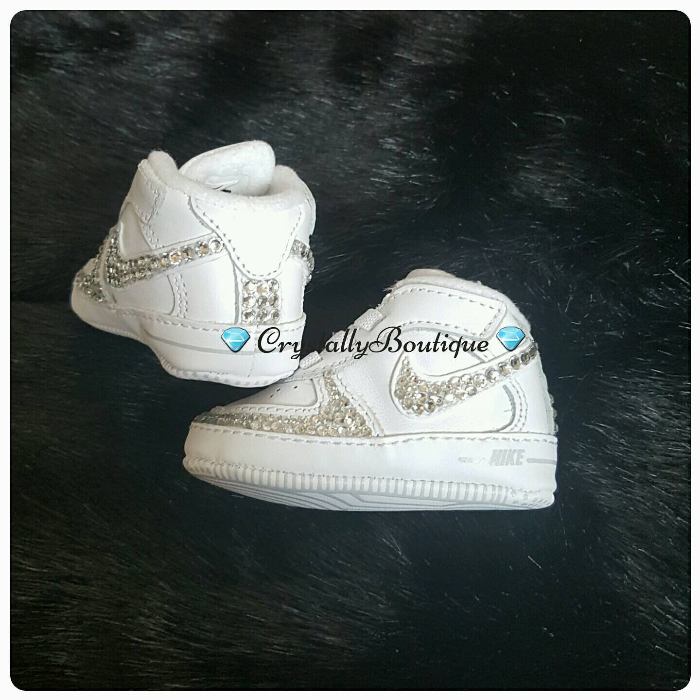 Customised Infant Baby Swarovski & Rhinestone Air Force 1 Bling White size 0.1 - 3.5 UK