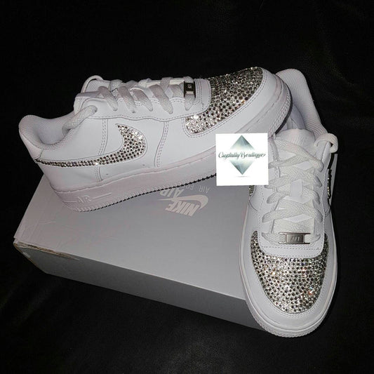 Bling Swaroski & Rhinestone Customised Nike Air Force Ones White size junior 3-5.5uk Brand New!