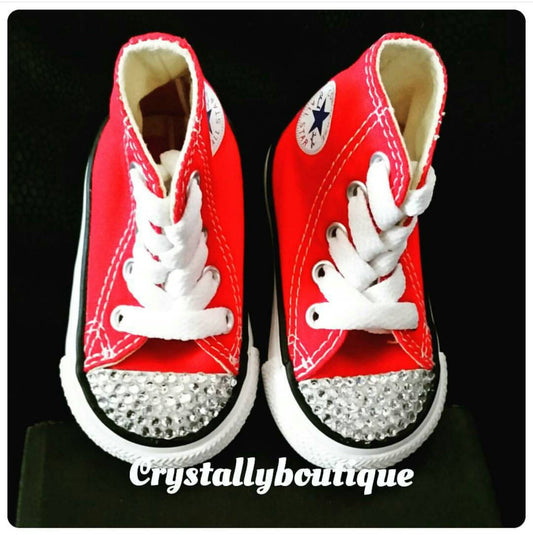 Youth Red Customised Converse Hi Swaroski & Rhinestone Crystals Bling size 11 12 13 1 2 UK