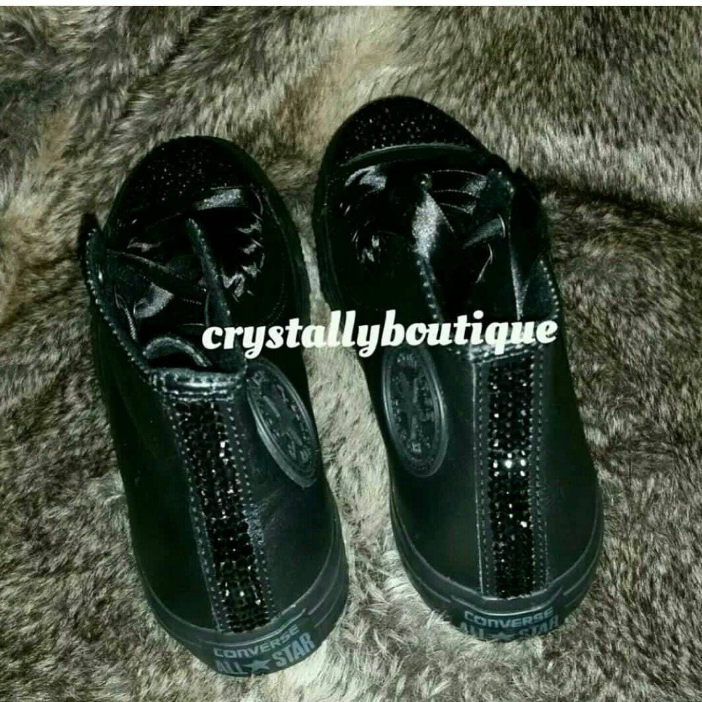 Customised Black Leather Converse with Black Crystals Junior/women's 2UK-9UK