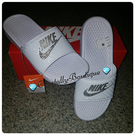 White Customised Nike Benassi Slides Sandle Shoes with Clear Crystals 3.5 - 9.5 UK