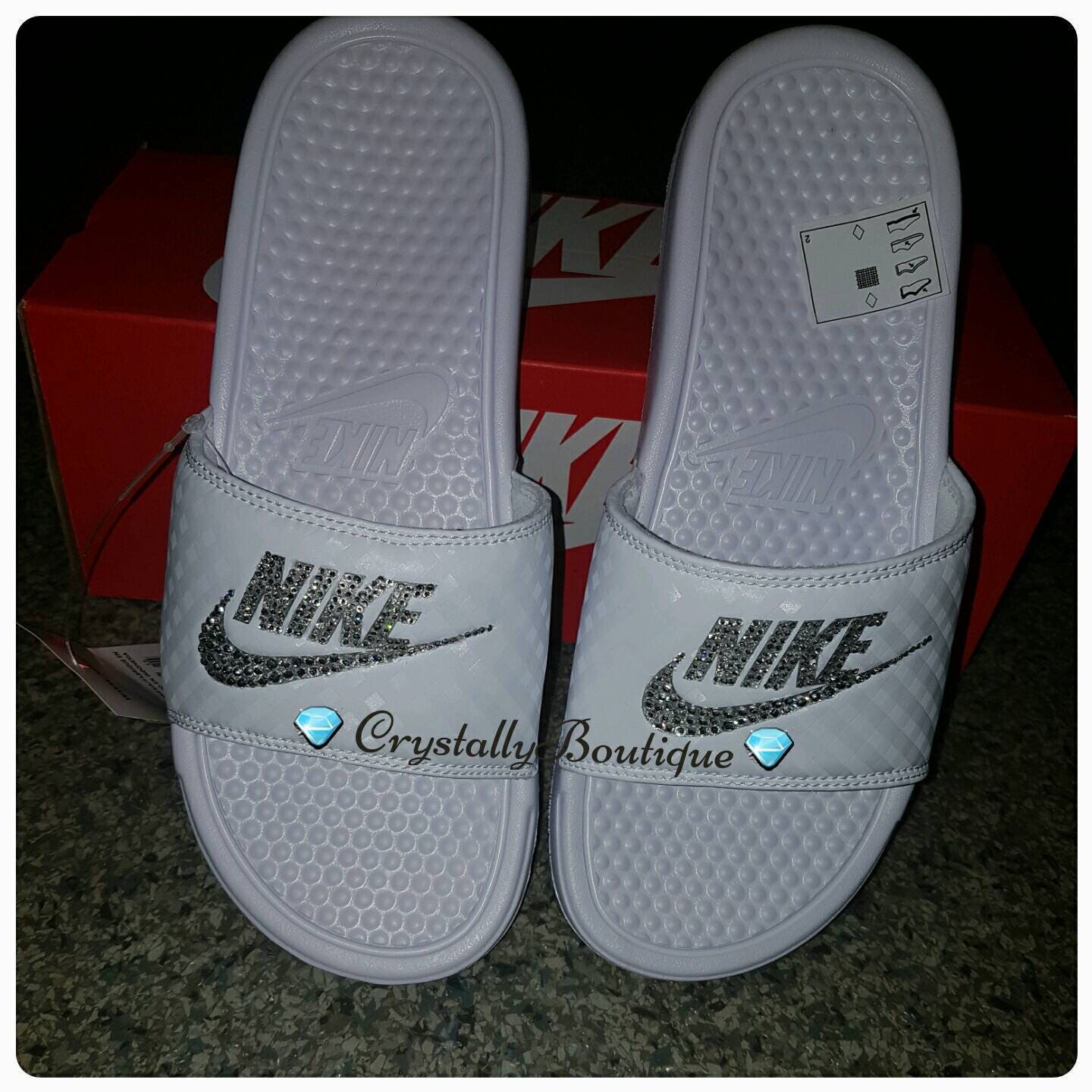 White Customised Nike Benassi Slides Sandle Shoes with Clear Crystals 3.5 - 9.5 UK