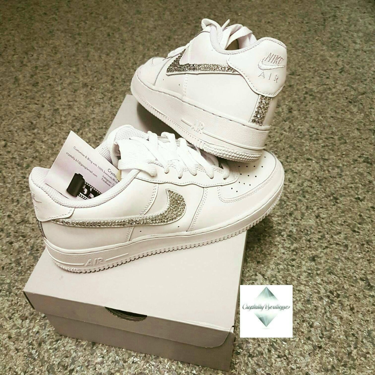 Junior Nike Air Force Ones White customised with Clear Swarovski & Rhinestone Crystals size 3-5.5uk Brand New!